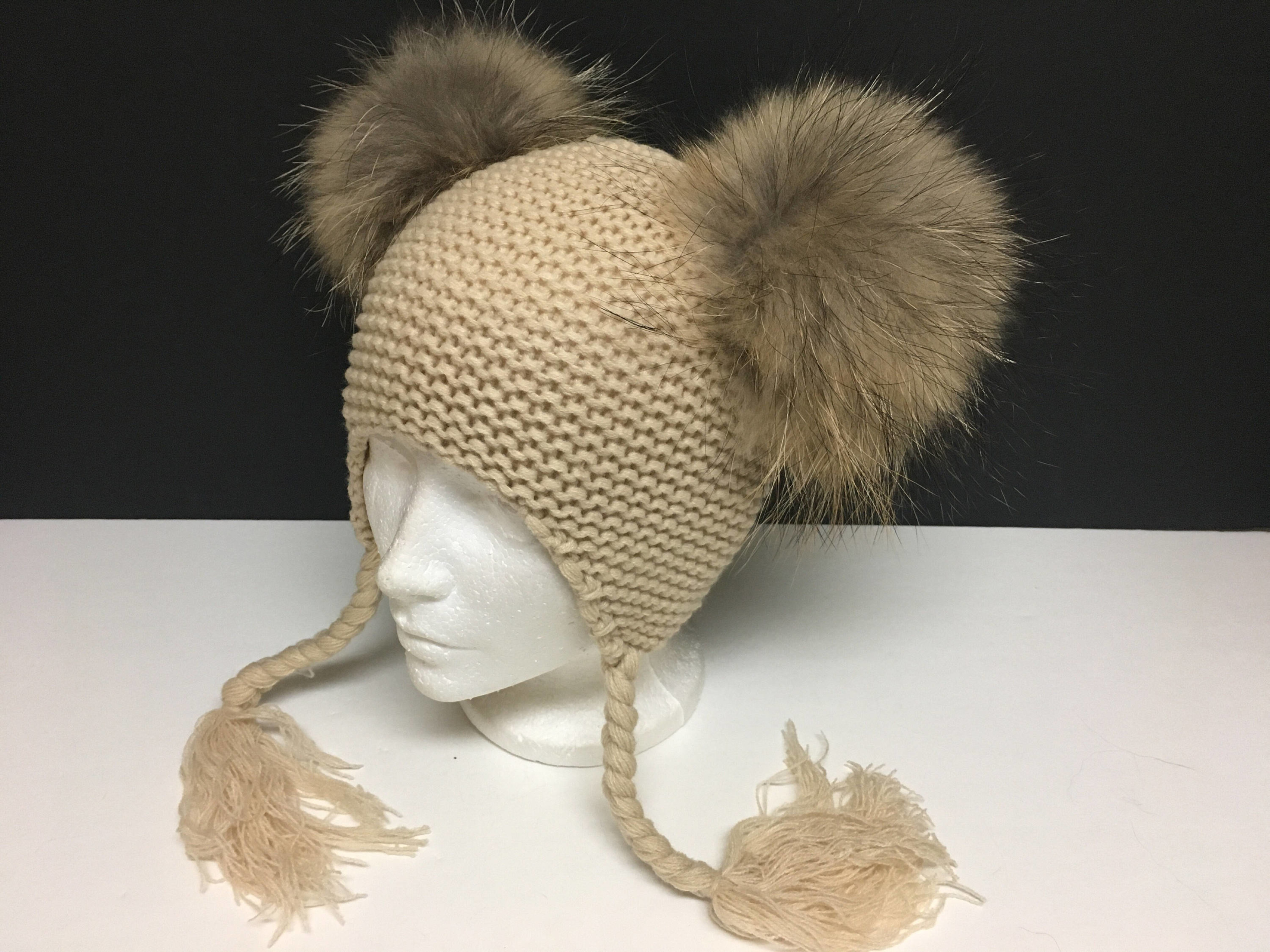 Double Fur Pom Ribbed  Knit Hat Kids Size Mimi Hat Knit Hat With Raccoon Fur Pom