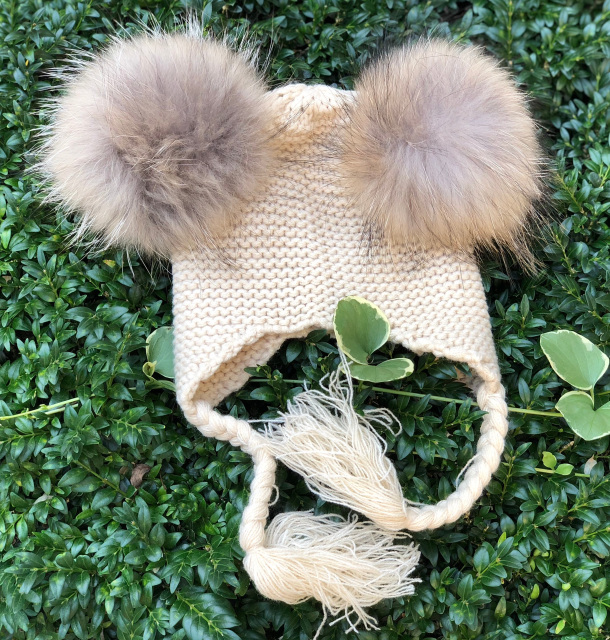 Knit Hat With Raccoon Fur Pom Mimi Hat Double Fur Pom Ribbed  Knit Hat Kids Size