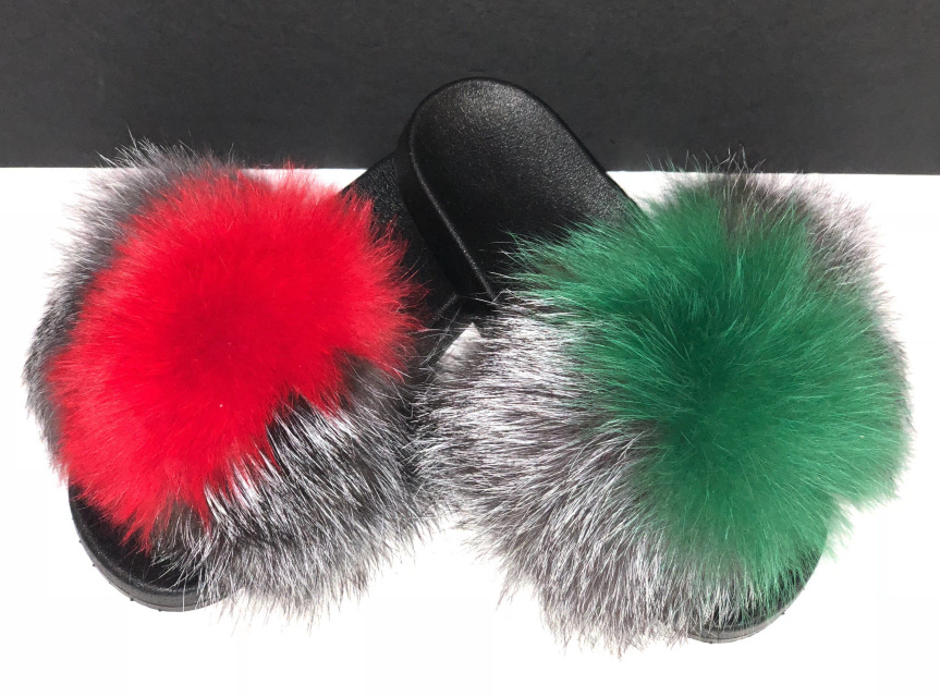 Gucci Inspired Fox Fur Slides - Red and Green Vertical Stripe - Silver