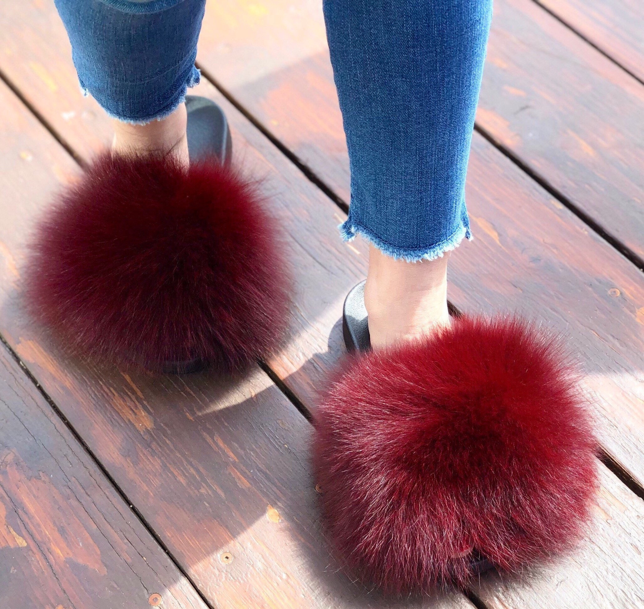 burgundy fur slides