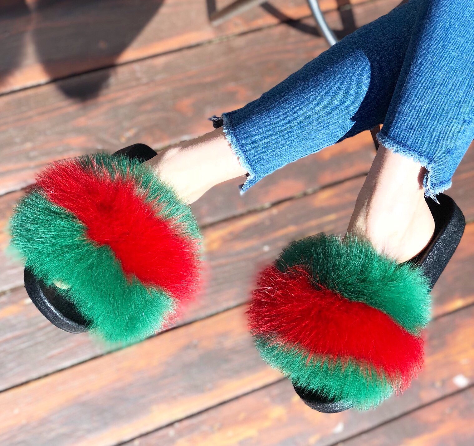 Gucci Inspired Fox Fur Slides - Lighter Green