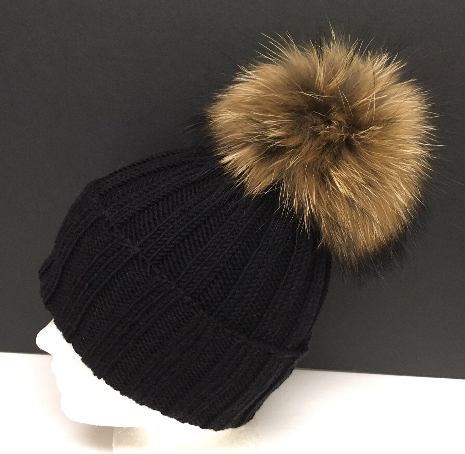Ribbed Black Wool Beanie Hat - Natural Brown Raccoon Fur Pom Pom 99