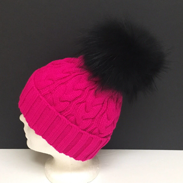 Bright Pink Fur Pom Ribbed Foldover Knit Hat - Knit Hat with Raccoon ...